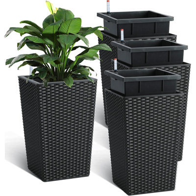 Paquet de 4 pots de fleurs en rotin - pots de plantes à arrosage automatique de 16 pouces de hauteur, pots de fleurs d'intérieur et d'extérieur avec moniteur de niveau d'eau, patio, porche, salon, décor de bureau à domicile
