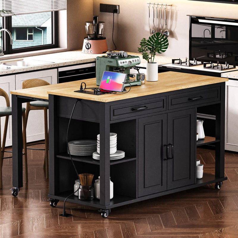 47.2'' Kitchen Island With Extendable Dining Table, Black