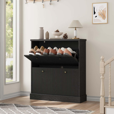 Shoe Cabinet with 2 Flip Drawers, Wooden Fluted Shoe Cabinet with Adjustable Shelf, Freestanding Shoes Storage Organizer