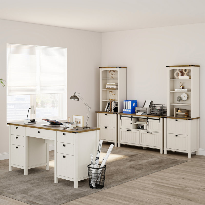 4-piece Computer Desk Office Set, Brown/White