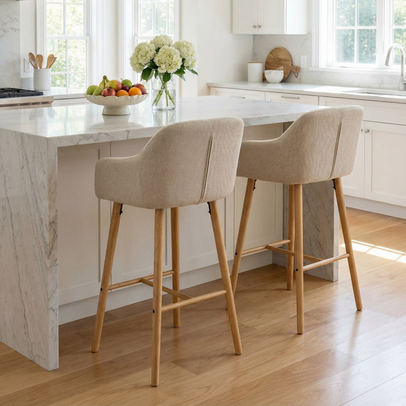 Modern Set of 2 Upholstered Bar Stools with Curved Backrest, Armrests, and Footrest for Kitchen Islands and Counter Height Dining, Featuring Solid Wood Legs and Durable Fabric Seating