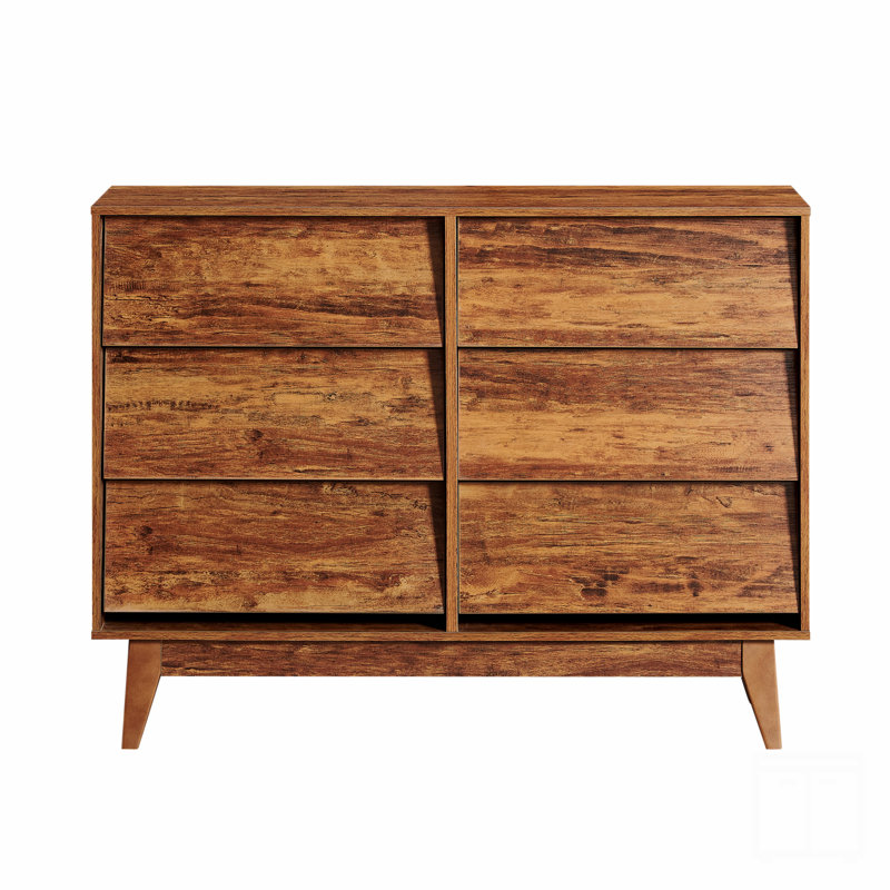 La commode double 6 tiroirs présente un design rétro et biseauté