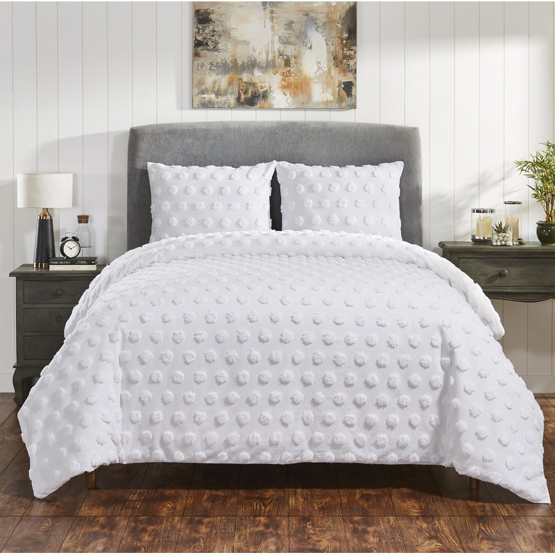 Cotton Ring Stitch Dots Comforter, White, Queen Comforter + 2 Shams