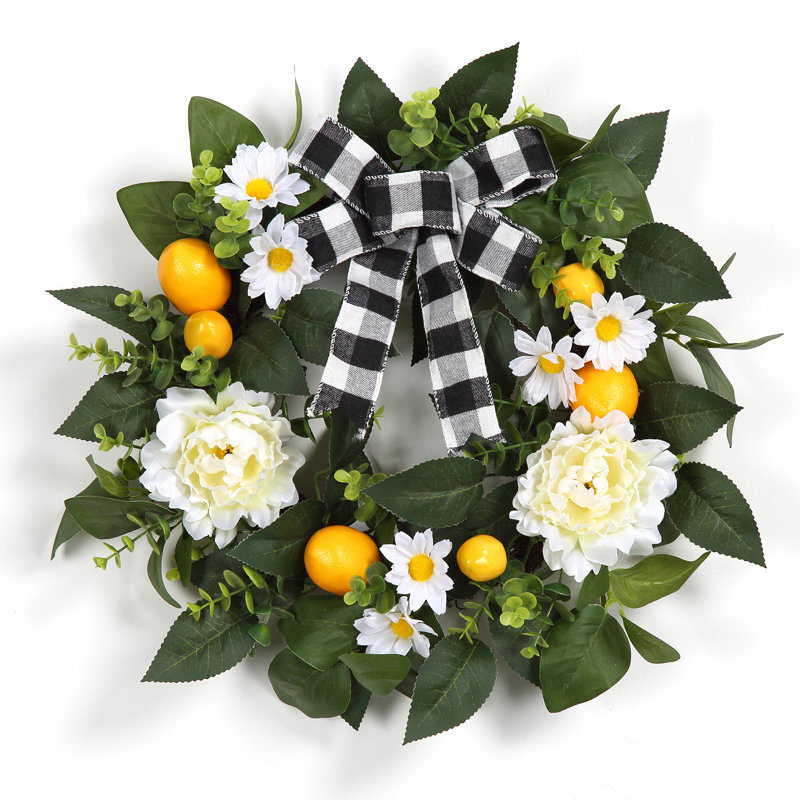 Couronne de campagne pour porte d'entrée, citrons artificiels, couronne de pivoines et de marguerites, décor floral d'été et de printemps, 22 po