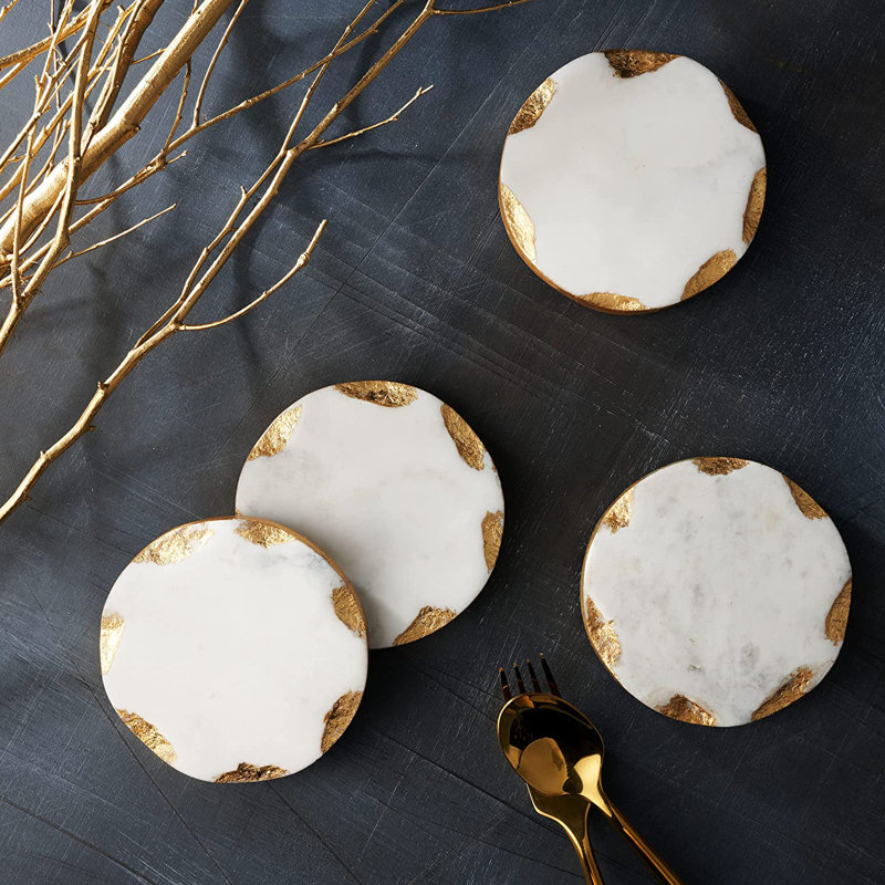 Edica Marquise Raw Edge Marble Coaster Set, White/Gold