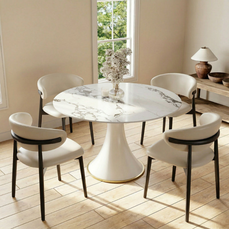 Modern White Round Dining Table Bistro Table Breakfast Nook Table For 2/4, 29.52"H x 43.31"L x 43.31"W, Gem Black