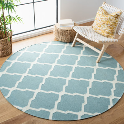 Tapis bleu clair / ivoire en laine et coton tissé à la main Dhurrie