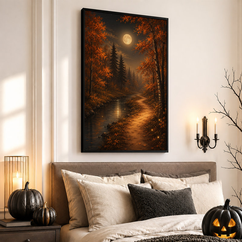 "Autumn Forest Path And Stream Under Full Moon", art mural sur toile, 36"H x 24"W