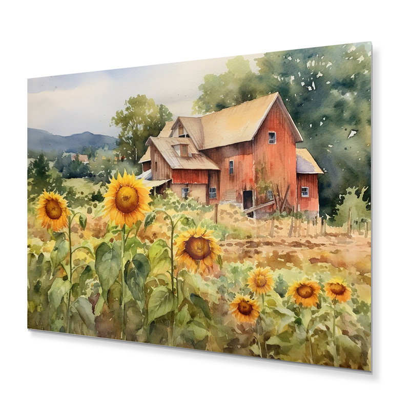 Tournesol doré à la ferme III - impression florale sur métal, H 12 po x l 20 po
