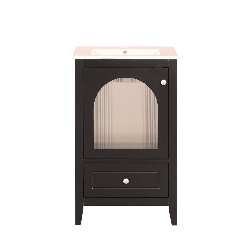 Meuble-lavabo de 20 po avec lavabo en céramique, porte et tiroir en verre à fermeture douce, design moderne, Noir