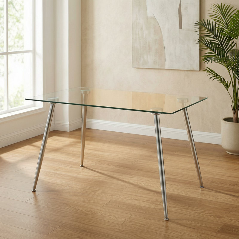 51 Inch Modern Minimalist Glass Dining Table For 4 To 6 With Tempered Glass Top And Steel Silver Legs, Silver