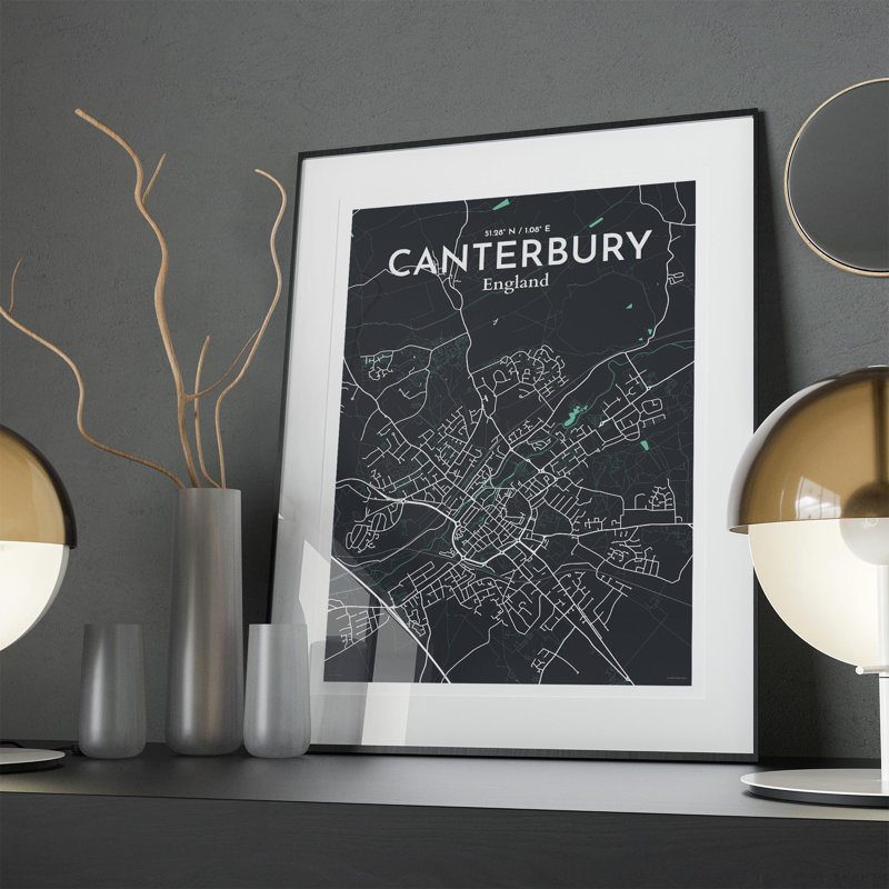 Canterbury City Map, impression, Vert/gris, H 27,6 po x l 19,7 po x P 0,05 po