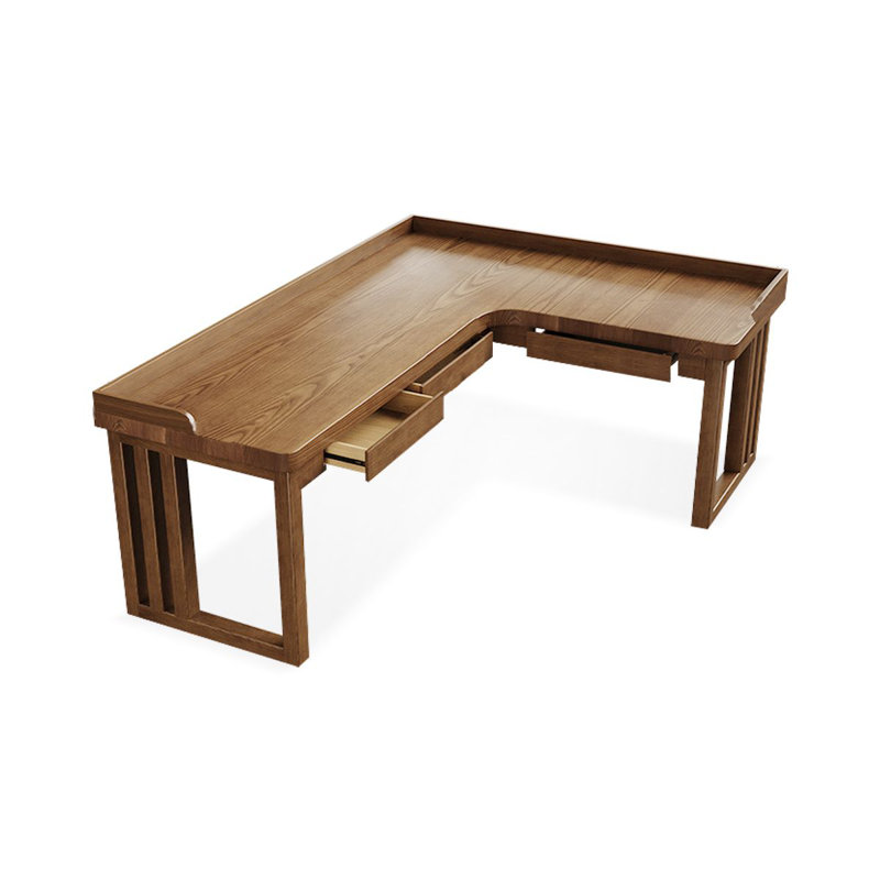 Bureau en bois massif brun en forme de L avec 3 tiroirs, H 29,53 po x l 70,87 po x P 55,12 po, Orienté à droite