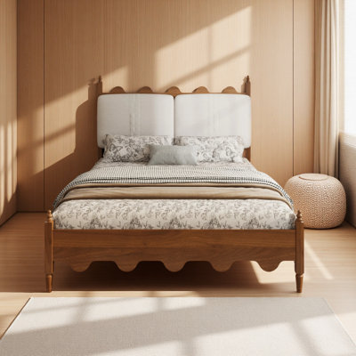 Bed Frame with Upholstered Headboard,Solid Wood Legs,Vintage Scalloped Design,No Box Spring Needed,Heavy Duty Support,Easy Assembly