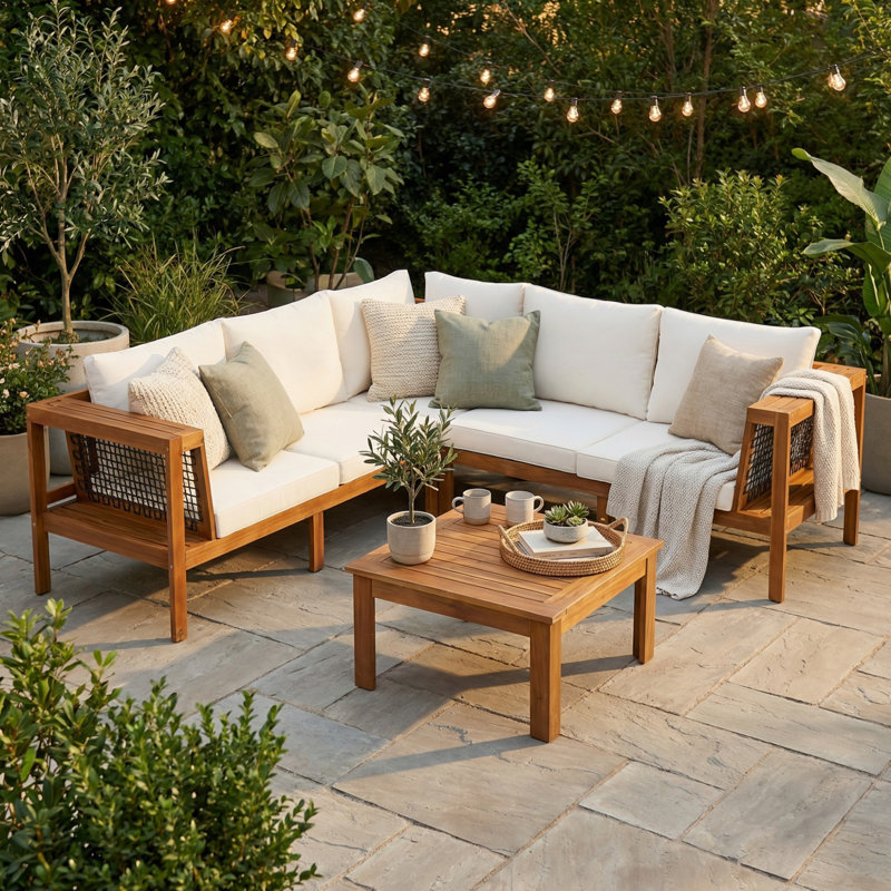 4 Pieces Outdoor Acacia Wood Conversation Sofa Set, L-Shaped Patio Furniture Sofa Set with Coffee Table, Beige