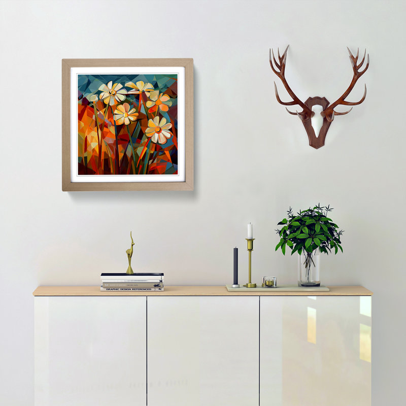 Wildflowers Cubism No.3 - Single Picture Frame Print on Wood, Oak