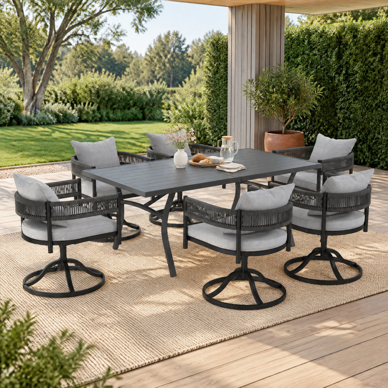 Ensemble repas d'extérieur rectangulaire pour 6 personnes avec chaises pivotantes en osier, Gris