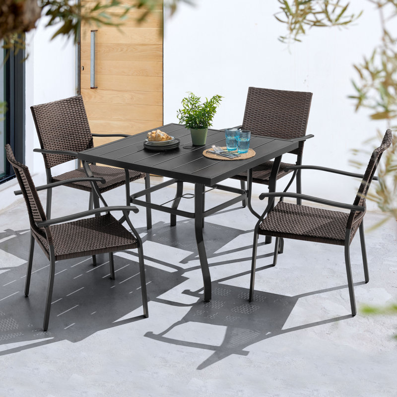 Suoa Patio 5-Piece Wicker Iron Dining Set with 1.57'' Umbrella Hole, Black, Square, 4