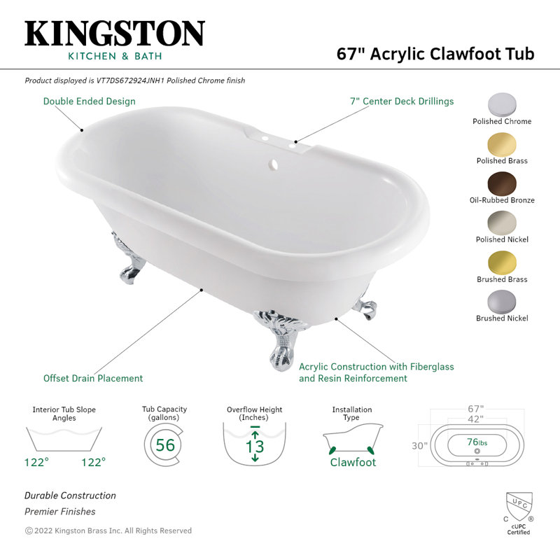 Kingston Brass Aqua Eden 67-Inch Acrylic Oval Double Ended Clawfoot Tub (7-Inch Faucet Drillings), Brushed Brass