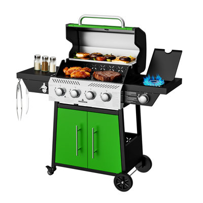 Barbecue au gaz propane à 4 brûleurs avec tables d'appoint pliantes pour barbecue vert