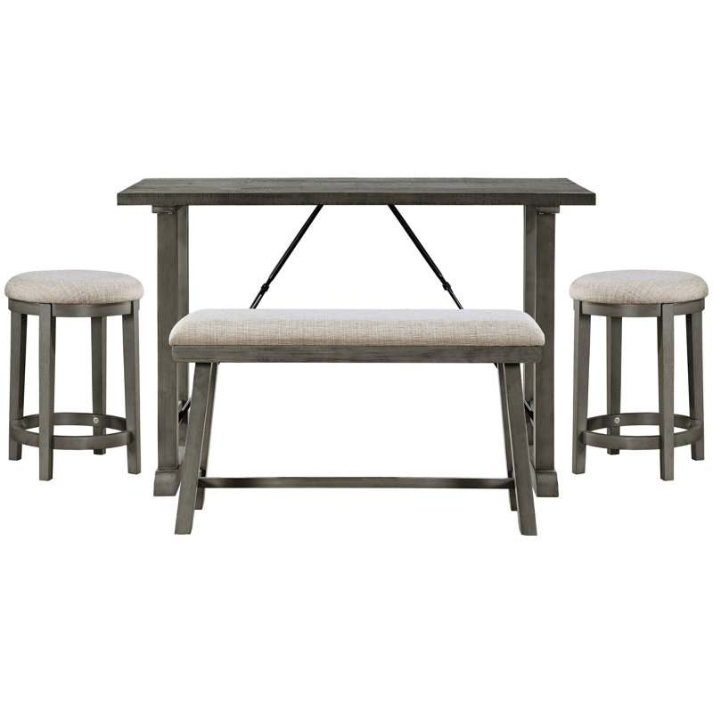 Ensemble repas 4 pièces pour le petit-déjeuner décontracté - table à hauteur de comptoir à finition grise, banc et 2 tabourets, capacité de tabouret de 250 lb, sièges rembourrés en mousse, tabourets en placage de style industriel avec sièges, assemblage simple