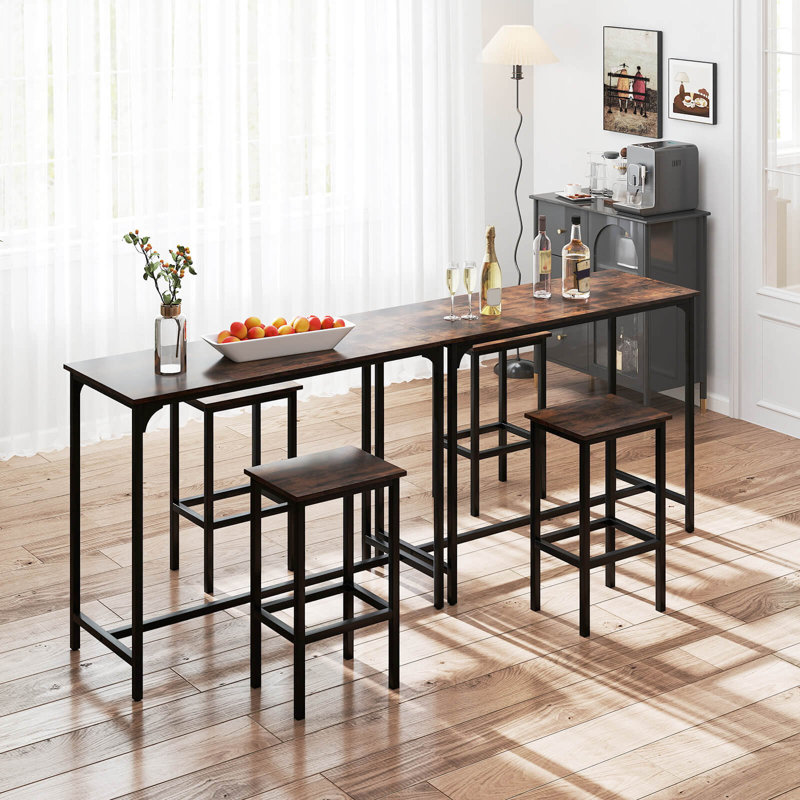 3 Pcs Counter Height Table Set With Footrests Rectangular Pub Table & Chairs, Brown, Brown