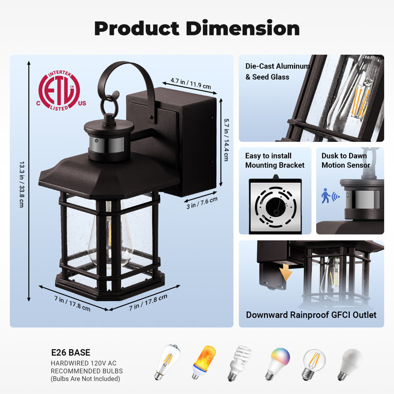 Porch Light with GFCI Outlet, Motion Sensor Outdoor Lights, Dusk to Dawn 3 Lighting Modes Outdoor Light with Outlet