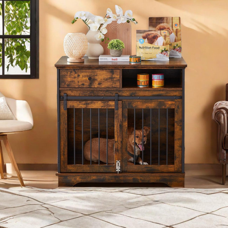 Cage pour chien avec porte coulissante et 2 compartiments, Brun rustique