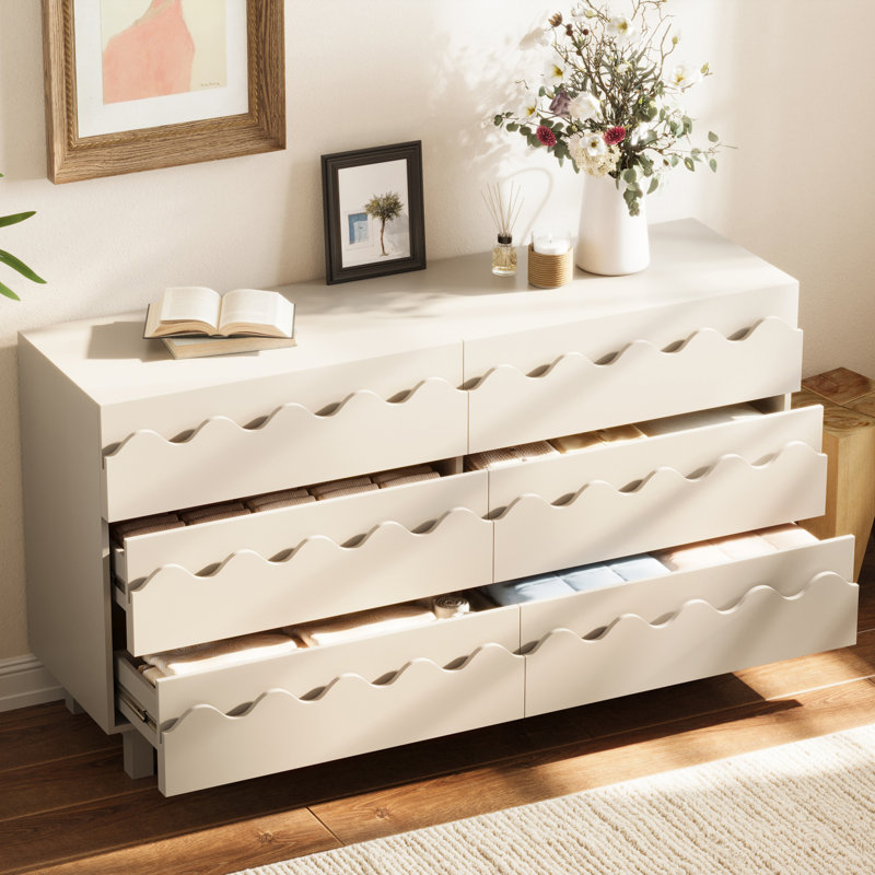 Commode et commode à 6 tiroirs Modern Ivory, rangement en bois spacieux pour la chambre à coucher