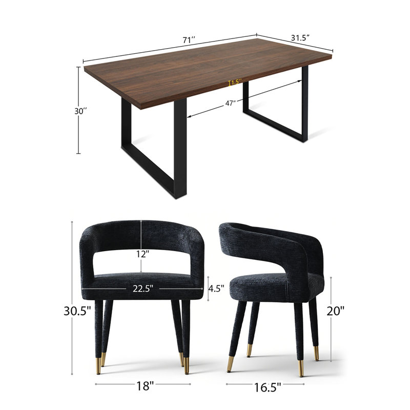 7-Piece Rectangular Dining Set With Chenille Arm Chairs, Black