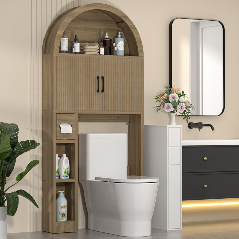 AHB Over The Toilet Storage Cabinet, Freestanding Bathroom Organizer with Adjustable Shelf and Anti-Tip Device, Arched Cabinet with Doors, Space-Saving Toilet Storage for Bathroom, Laundry, Mini Bar