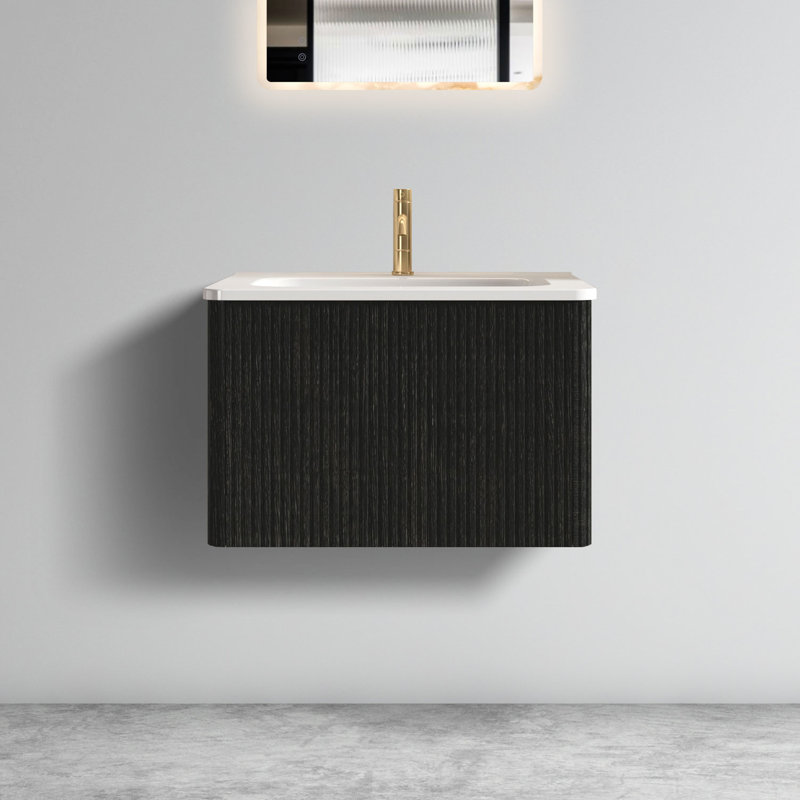 Modern Bathroom Vanity: 24" With Striped Black Oak & White Ceramic Sink - Sleek Design Floating Vanity Brushed Oak, Sophisticated