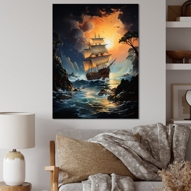 Pirate Boat Moonlit Raid - Pirate Wall Art Prints, H 32 po x l 16 po x P 1 po, Toile tendue