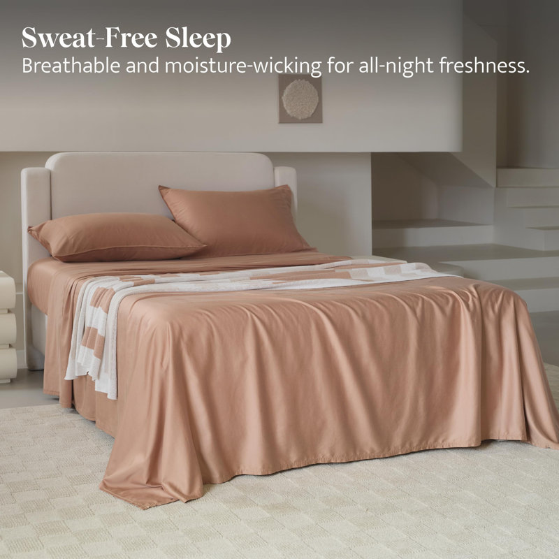 Double Stitch Sheet - Luxury Cotton Tencel Eucalyptus Bed Sheets Deep Pocket, 4 Pc Soft Hotel Bedding Set Cooling Breathable, 1 Fitted Sheet & 1 Flat Sheet & Pillowcases
