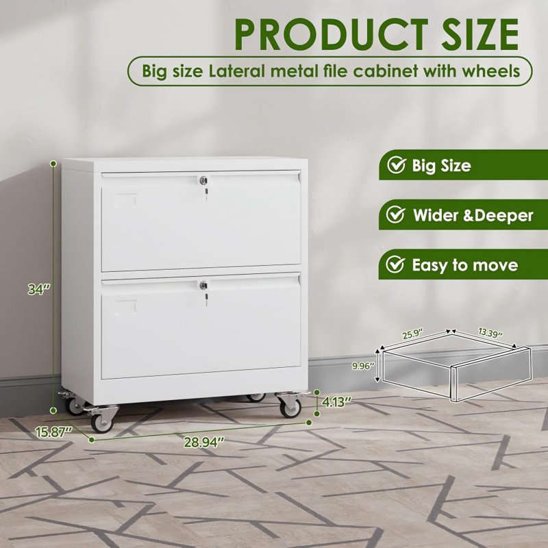 Double-drawer side-pull filing cabinet with wheels, lockable metal filing cabinet, suitable for home offices, White, assembly required.
