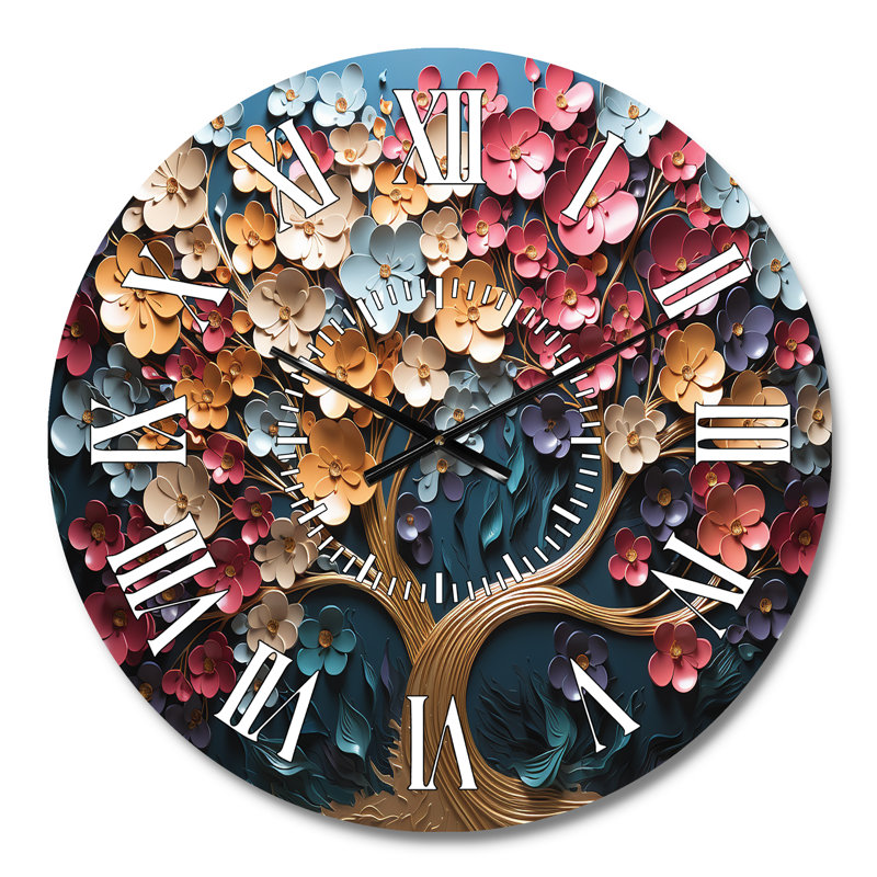 Horloge murale multicolore arbre doré sur fond bleu, Médium