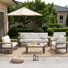 Ensemble de conversation extérieur 4 pièces, ensemble de mobilier de patio avec structure en aluminium comprenant un canapé 3 places, 2 fauteuils et une table basse, accoudoirs et plateau de table en plastique imitation bois, coussins ergonomiques de 12,7 cm d'épaisseur