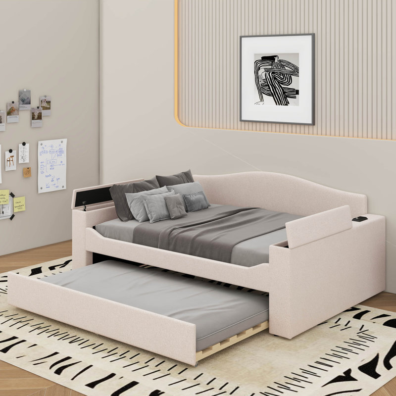 Full Upholstered Daybed With Trundle, Storage Armrests And Latest Integrated Bluetooth Audio System, Beige