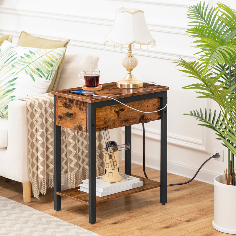 Huspon 24" End Table with Storage and Charging Station, Brown