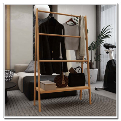 Solid Oak Wood Clothes Rack, Black Rattan Hanger Rack-Clothes Rack With Shelves