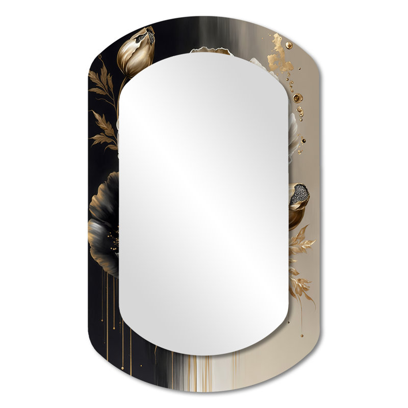 Bouquet de fleurs gris et or gris - Miroir mural asymétrique traditionnel, 31 po x 19 po