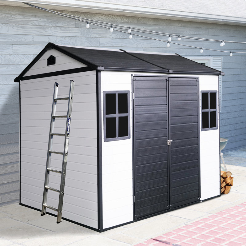 8X6 Ft Resin Shed For Garden, Patio - Waterproof With Sloping Roof & Two Windows Grey White 8*6 Ft Outdoor Storage Lockable Door Ventilation