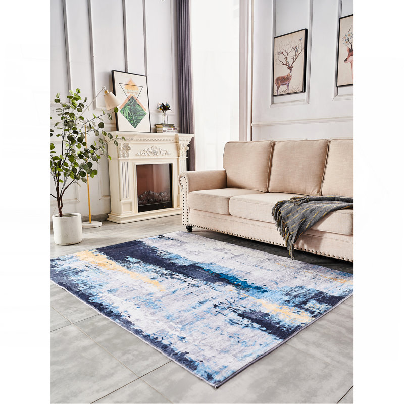 Tapis à motif abstrait gris et bleu lavable à la machine, Rectangle 6 pi x 9 pi
