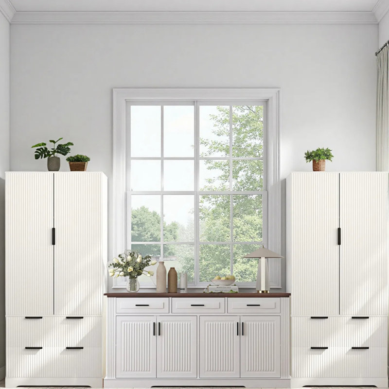 Ensemble de rangement de cuisine cannelé 3 pièces - Buffet 63 po avec 4 portes et 3 tiroirs, garde-manger 72 po avec support à épices, 2 grands tiroirs