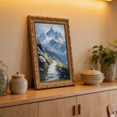 Snowy Mountain Path Landscape Art Print, cadre mural rétro - cadre décoratif doré pour art