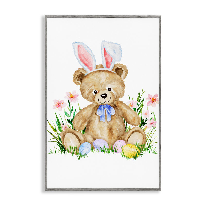 Springy Easter Teddy Bear Framed Giclee, design by Amy Hall, Farmhouse Gray Framed Giclee, 30" H x 20" W