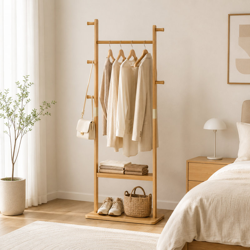 Porte-manteau autoportant en bois massif, teinte naturelle, 60 cm (L) x 30 cm (l) x 180 cm (H), écologique et facile à monter. Élégant et idéal pour la chambre, l'entrée et le salon.