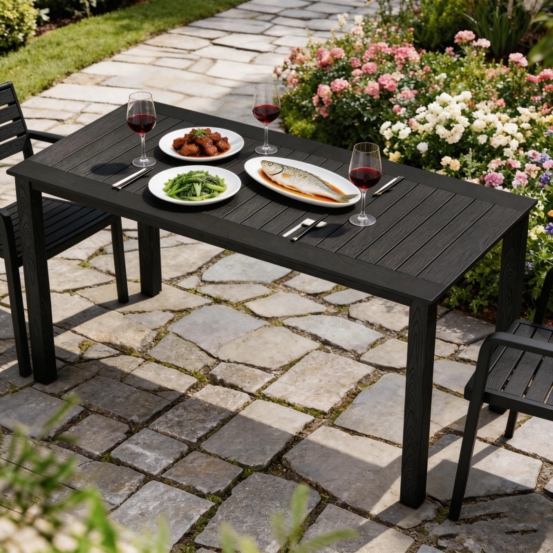 All Weather Rectangular Patio Table With Umbrella Hole And Aluminum Frame - Outdoor Furniture For Outside Backyard/Garden/Pool/Porch/Deck