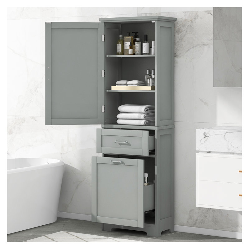 Grande armoire de rangement autoportante pour salle de bain avec tablette réglable et deux tiroirs de différentes tailles - Armoire en panneau de fibres à densité moyenne grise pour l'organisation de la salle de bain