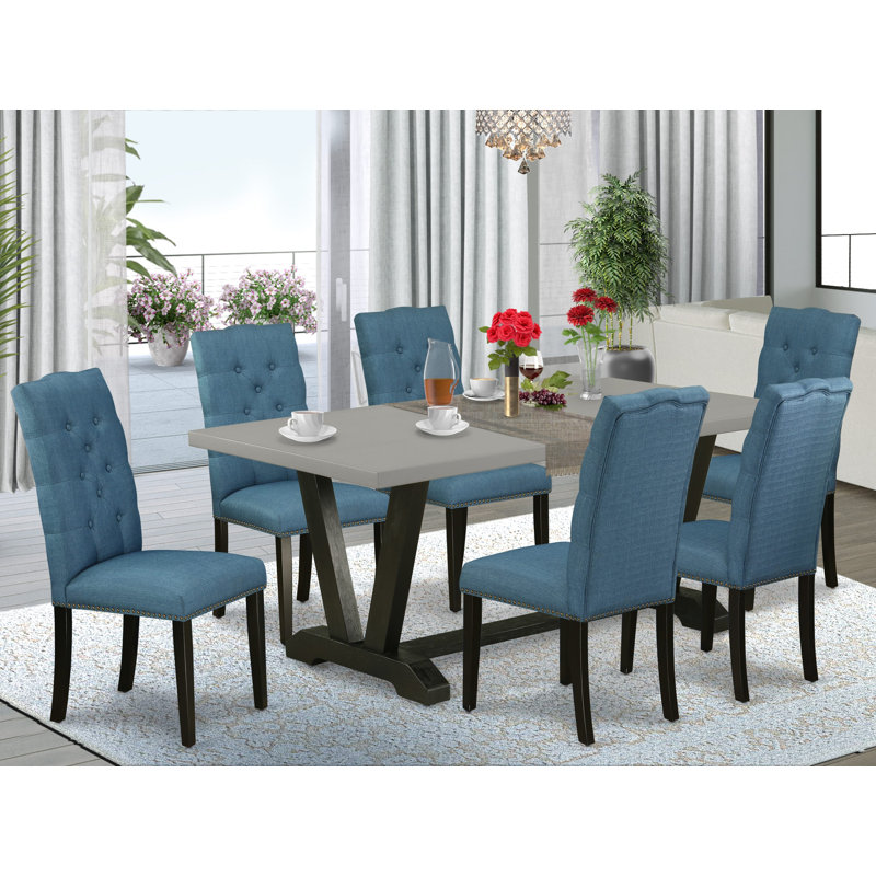 7 Piece Dining Set Consist of a Rectangle Dining Room Table with V-Legs and 6 Blue Linen Fabric Upholstered Chairs, Wire Brushed Back Finish
